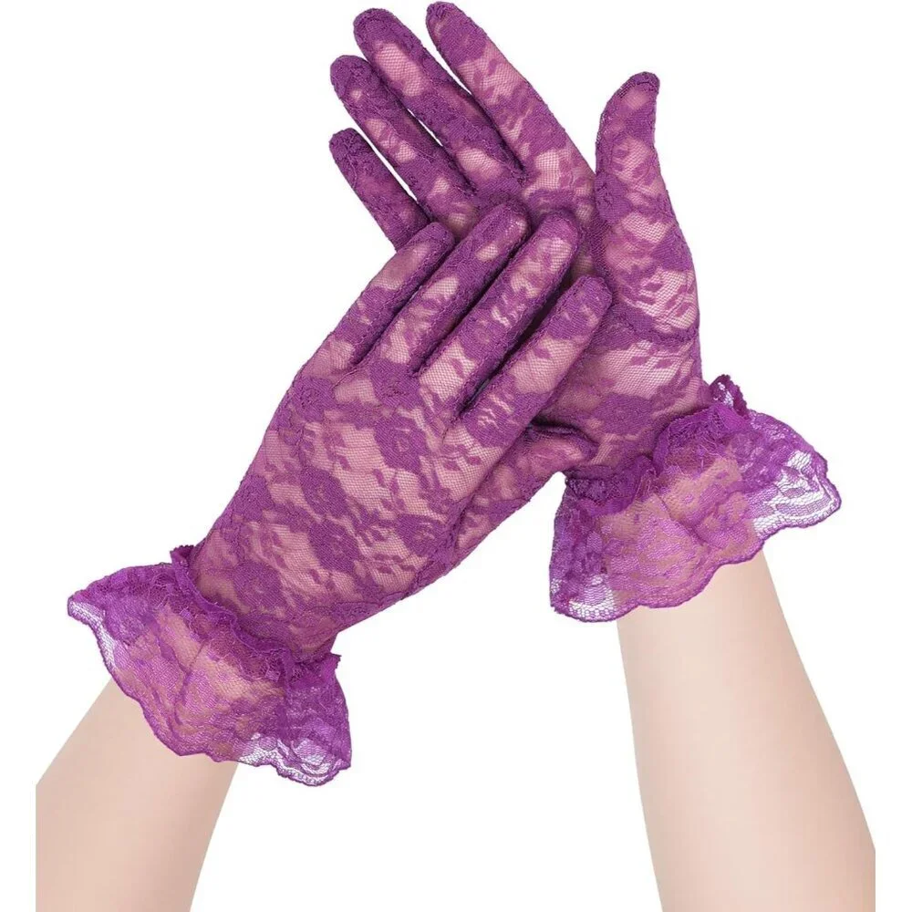 Women's Purple Short Nylon Mesh Imported Nylon Sheer Lace Ruffles Gloves